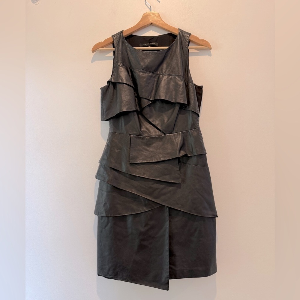Cynthia Steffe Black Leather Asymmetrical Dress size 2 EUC